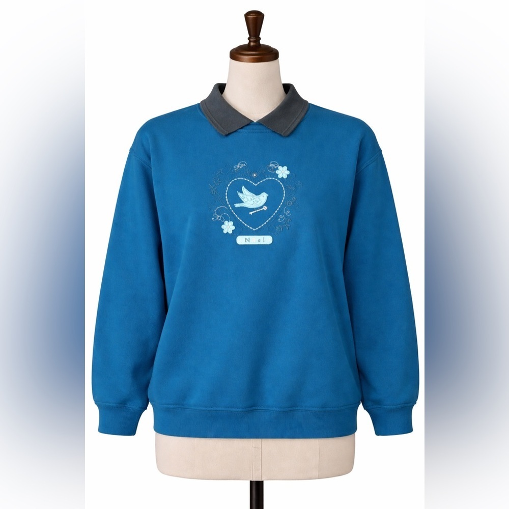 Northern Reflections Noel Bird Collared Sweatshirt Blue Sz S Holiday Vintage